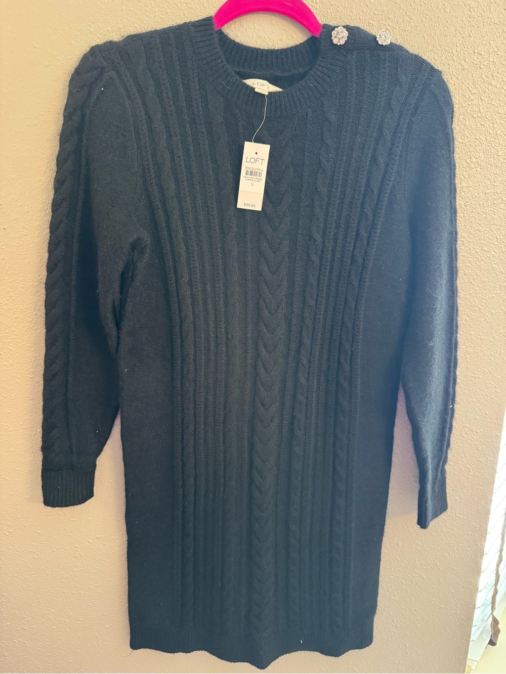 LOFT Black Cable-Knit Crewneck Sweater Dress